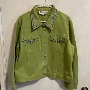 Christine Alexander Women’s Large Green Denim Rhinestone Long Sleeve Button Down